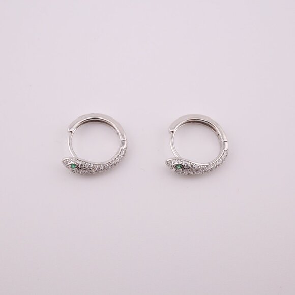 Women's Sterling Silver Snake Hoop Earrings with Green CZ Eyes Unique & Bold ** - Picture 8 of 9